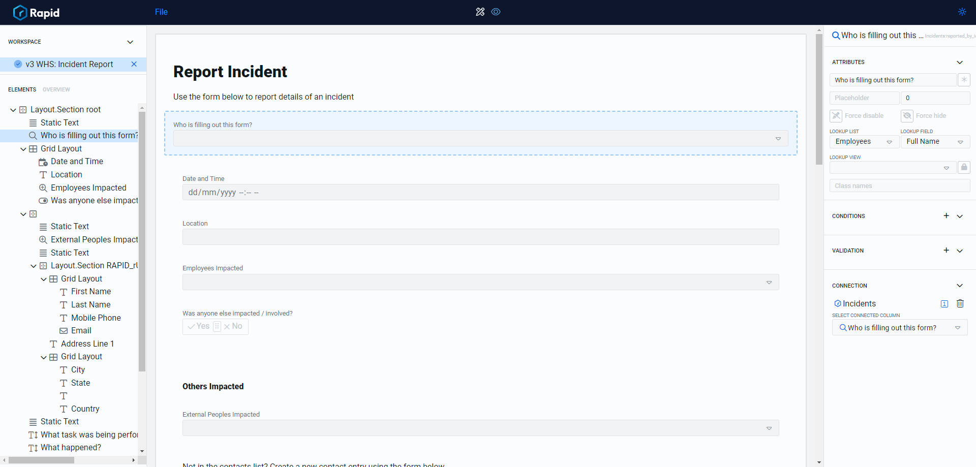 A screenshot demonstrating Adaptive Documents application. The application has a side-panel where components for a web form are listed in a hierarchy tree. In the middle section, the elements are arranged for a &quot;Report Incident&quot; form. In the rightmost section, there is an inspection panel where the attributes of each web form field can be set.